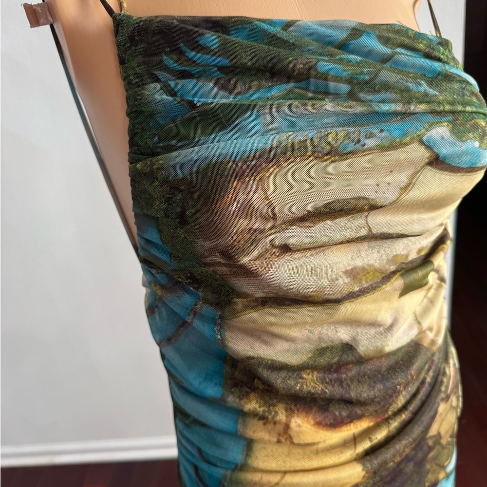 Zara Multicolor Ruched Strapless Dress — Teal, Olive, Gold size M
